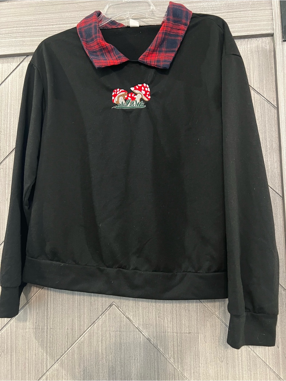 Black Sweatshirt with Red Plaid Collar and Mushroom Embroidery